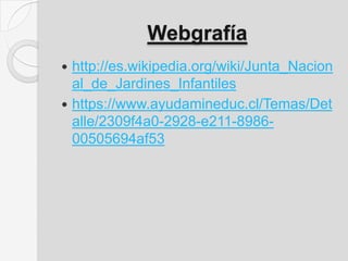Webgrafía
 http://es.wikipedia.org/wiki/Junta_Nacion
al_de_Jardines_Infantiles
 https://www.ayudamineduc.cl/Temas/Det
alle/2309f4a0-2928-e211-8986-
00505694af53
 