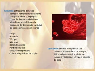TOXICIDAD: El trastorno genético
llamado hemocromatosis afecta
la capacidad del cuerpo para
controlar la cantidad de hierro
absorbido, lo cual lleva a la
presencia de demasiada cantidad
de este elemento en el cuerpo
Fatiga
Anorexia
Vértigo
Náuseas
Dolor de cabeza
Pérdida de peso
Dificultad respiratoria
Coloración grisácea de la piel
DEFICIENCIA: anemia ferropénica. Los
síntomas abarcan falta de energía,
dificultad para respirar, dolor de
cabeza, irritabilidad, vértigo o pérdida
de peso
 