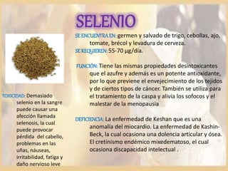 SELENIO
SEENCUENTRAEN: germen y salvado de trigo, cebollas, ajo,
tomate, brécol y levadura de cerveza.
SEREQUIEREN:55-70 µg/día.
FUNCIÓN: Tiene las mismas propiedades desintoxicantes
que el azufre y además es un potente antioxidante,
por lo que previene el envejecimiento de los tejidos
y de ciertos tipos de cáncer. También se utiliza para
el tratamiento de la caspa y alivia los sofocos y el
malestar de la menopausia
DEFICIENCIA: La enfermedad de Keshan que es una
anomalía del miocardio. La enfermedad de Kashin-
Beck, la cual ocasiona una dolencia articular y ósea.
El cretinismo endémico mixedematoso, el cual
ocasiona discapacidad intelectual .
TOXICIDAD: Demasiado
selenio en la sangre
puede causar una
afección llamada
selenosis, la cual
puede provocar
pérdida del cabello,
problemas en las
uñas, náuseas,
irritabilidad, fatiga y
daño nervioso leve
 