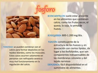 fosforo
SE ENCUENTRAEN: suele estar presente
en los alimentos que contienen
calcio, como los frutos secos, el
queso, la soja, la yema de
huevo,
SE REQUIEREN: 800-1.200 mg/día.
FUNCIÓN: constituyente de la
estructura de los huesos y, en
asociación con ciertos lípidos, da
lugar a los fosfolípidos, que son
componentes indispensables de
las membranas celulares y del
tejido nervioso
DEFICIENCIA: fácil disponibilidad en el
suministro de alimentos.
TOXICIDAD: se pueden combinar con el
calcio para formar depósitos en los
tejidos blandos, como los músculos.
Estos casos ocurren solamente en
personas con nefropatía severa o
muy mal funcionamiento en la
regulación del calcio.
 