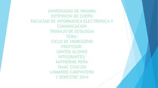 UNIVERSIDAD DE PANAMA
EXTENSION DE CHEPO
FACULTAD DE INFORMATICA ELECTRONICA Y
COMUNICACION
TRABAJO DE ECOLOGIA
TEMA:
CICLO DE HIDROGENO
PROFESOR:
SANTOS ALONSO
INTEGRANTES:
KATHERINE PEÑA
ISAAC CHACON
LOMARDO CARPINTERO
1 SEMESTRE 2014
 