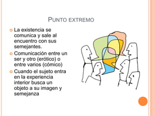 PUNTO EXTREMO
 La existencia se
comunica y sale al
encuentro con sus
semejantes.
 Comunicación entre un
ser y otro (erótico) o
entre varios (cómico)
 Cuando el sujeto entra
en la experiencia
interior busca un
objeto a su imagen y
semejanza
 