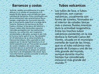 Barrancos y costas
• Tenerife, debido principalmente a su gran
altitud y a su silueta en semejanza a un
tejado de dos aguas, está surcada por gran
cantidad de barrancos. Éstos constituyen uno
de los elementos más característicos de su
paisaje, originados por la erosión ejercida
por la escorrentía superficial a lo largo de la
historia. Destacan los barrancos de Ruiz,
Fasnia y Güímar, el barranco del Infierno y
Erques, todos ellos declarados espacios
naturales protegidos por las instituciones
canarias.Las costas son, por lo general,
accidentadas y abruptas, aunque lo son más
en la zona norte que en la sur. No obstante
67,14 kilómetros de la costa tinerfeña lo
representan playas, sólo superada en este
aspecto por la isla de Fuerteventura. En el
litoral septentrional son frecuentes las playas
de cantos rodados o de arena negra,
mientras que en la vertiente sur y suroeste
de la isla predominan las playas con arenas
más finas y de tonalidades más claras. Para
más información puedes consultar el artículo
Anexo: Playas de Canarias
Tubos volcanicos
• Los tubos de lava, o tubos
volcánicos, son cuevas
volcánicas, usualmente con
forma de túneles, formados en
el interior de coladas lávicas
más o menos fluidas mientras
dura la actividad reogenética.
Entre los muchos tubos
volcánicos existentes en la isla
destaca la llamada Cueva del
Viento, situada en el municipio
norteño de Icod de los Vinos,
que es el tubo volcánico más
grande de Europa y uno de los
más grande del mundo,
aunque durante mucho
tiempo fue considerado
incluso el más grande del
mundo.34
 