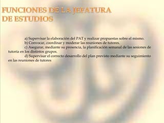 a) Supervisar la elaboración del PAT y realizar propuestas sobre el mismo.
b) Convocar, coordinar y moderar las reuniones de tutores.
c) Asegurar, mediante su presencia, la planificación semanal de las sesiones de
tutoría en los distintos grupos.
d) Supervisar el correcto desarrollo del plan previsto mediante su seguimiento
en las reuniones de tutores
 