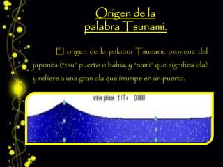 El origen de la palabra Tsunami, proviene del
japonés (“tsu” puerto o bahía; y “nami” que significa ola)
y refiere a una gran ola que irrumpe en un puerto.
 
