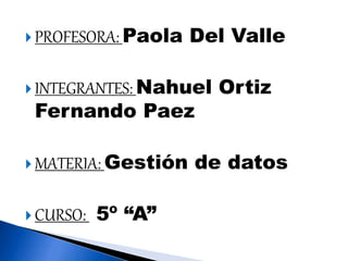  PROFESORA: Paola Del Valle
 INTEGRANTES: Nahuel Ortiz
Fernando Paez
 MATERIA: Gestión de datos
 CURSO: 5º “A”
 