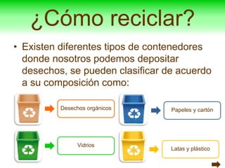 • Existen diferentes tipos de contenedores
donde nosotros podemos depositar
desechos, se pueden clasificar de acuerdo
a su composición como:
¿Cómo reciclar?
Desechos orgánicos
Vidrios
Papeles y cartón
Latas y plástico
 