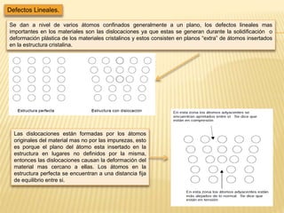 Defectos Lineales.
Se dan a nivel de varios átomos confinados generalmente a un plano, los defectos lineales mas
importantes en los materiales son las dislocaciones ya que estas se generan durante la solidificación o
deformación plástica de los materiales cristalinos y estos consisten en planos “extra” de átomos insertados
en la estructura cristalina.
Las dislocaciones están formadas por los átomos
originales del material mas no por las impurezas, esto
es porque el plano del átomo esta insertado en la
estructura en lugares no definidos por la misma,
entonces las dislocaciones causan la deformación del
material mas cercano a ellas. Los átomos en la
estructura perfecta se encuentran a una distancia fija
de equilibrio entre si.
 