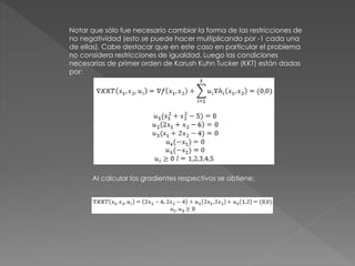 Notar que sólo fue necesario cambiar la forma de las restricciones de
no negatividad (esto se puede hacer multiplicando por -1 cada una
de ellas). Cabe destacar que en este caso en particular el problema
no considera restricciones de igualdad. Luego las condiciones
necesarias de primer orden de Karush Kuhn Tucker (KKT) están dadas
por:
Al calcular los gradientes respectivos se obtiene:
 