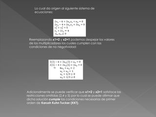 Lo cual da origen al siguiente sistema de
ecuaciones:
Reemplazando x1=2 y x2=1 podemos despejar los valores
de los multiplicadores los cuales cumplen con las
condiciones de no negatividad:
Adicionalmente se puede verificar que x1=2 y x2=1 satisface las
restricciones omitidas (2,4 y 5) por lo cual se puede afirmar que
dicha solución cumple las condiciones necesarias de primer
orden de Karush Kuhn Tucker (KKT).
 