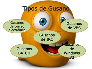 Tipos de Gusano
Gusanos
de correo
electrónico
Gusanos
BATCH
Gusanos
de IRC
Gusanos
de
Windows
32
Gusanos
de VBS
 