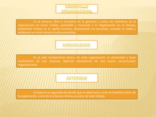 Es el esfuerzo libre e incesante de la gerencia y todos los miembros de la
organización en hacer creíble, sostenible y funcional a la Organización en el tiempo,
poniéndole énfasis en el capital humano, dinamizando los procesos, creando un estilo y
señalando un norte desde la institucionalidad.
Es el pilar fundamental dentro de toda organización, la efectividad y buen
rendimiento de una empresa depende plenamente de una buena comunicación
organizacional.
Se basa en la seguridad de decidir que se debe hacer, todo en beneficio tanto de
la organización como de la empresa misma, es parte de todo trabajo
 