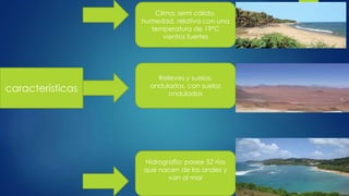 características
Clima: semi cálido,
humedad, relativa con una
temperatura de 19°C
vientos fuertes
Relieves y suelos:
ondulados, con suelos
ondulados
Hidrografía: posee 52 ríos
que nacen de los andes y
van al mar
 