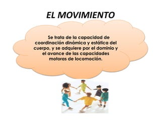 EL MOVIMIENTO
Se trata de la capacidad de
coordinación dinámica y estática del
cuerpo, y se adquiere por el dominio y
el avance de las capacidades
motoras de locomoción.
 