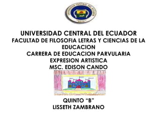 UNIVERSIDAD CENTRAL DEL ECUADOR
FACULTAD DE FILOSOFIA LETRAS Y CIENCIAS DE LA
EDUCACION
CARRERA DE EDUCACION PARVULARIA
EXPRESION ARTISTICA
MSC. EDISON CANDO
QUINTO “B”
LISSETH ZAMBRANO
 