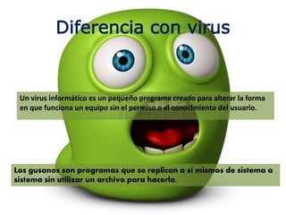 Diferencia con virus
Un virus informático es un pequeño programa creado para alterar la forma
en que funciona un equipo sin el permiso o el conocimiento del usuario.
Los gusanos son programas que se replican a sí mismos de sistema a
sistema sin utilizar un archivo para hacerlo.
 