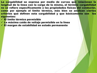 La cargabilidad se expresa por medio de curvas que relacionan la
longitud de la línea con la carga de la misma, el término cargabilidad
no se refiere específicamente a las propiedades físicas del conductor,
como por ejemplo el límite térmico, más bien se analizan ciertos
criterios que definen esta cargabilidad y que básicamente son los
siguientes:
 El límite térmico permisible
 La máxima caída de voltaje permisible en la línea
 El margen de estabilidad en estado permanente
 