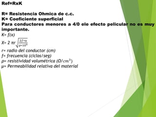 Ref=RxK
R= Resistencia Ohmica de c.c.
K= Coeficiente superficial
Para conductores menores a 4/0 ele efecto pelicular no es muy
importante.
K= f(x)
X= 2 πr
2𝑓∗𝑢
ρ∗109
r= radio del conductor (cm)
f= frecuencia (ciclos/seg)
ρ= resistividad volumétrica (Ω/𝑐𝑚3)
µ= Permeabilidad relativa del material
 