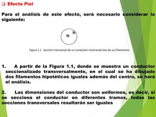  Efecto Piel
Para el análisis de este efecto, será necesario considerar lo
siguiente:
1. A partir de la Figura 1.1, donde se muestra un conductor
seccionalizado transversalmente, en el cual se ha dibujado
dos filamentos hipotéticos iguales además del centro, se hará
el análisis.
2. Las dimensiones del conductor son uniformes, es decir, si
se secciona el conductor en diferentes tramos, todas las
secciones transversales resultarán ser iguales
Figura 1.1. Sección transversal de un conductor mostrando dos de sus filamentos.
.
 