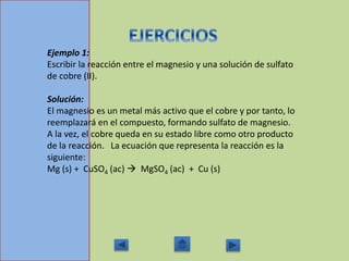 Ejemplo 1:
Escribir la reacción entre el magnesio y una solución de sulfato
de cobre (II).
Solución:
El magnesio es un metal más activo que el cobre y por tanto, lo
reemplazará en el compuesto, formando sulfato de magnesio.
A la vez, el cobre queda en su estado libre como otro producto
de la reacción. La ecuación que representa la reacción es la
siguiente:
Mg (s) + CuSO4 (ac)  MgSO4 (ac) + Cu (s)
 