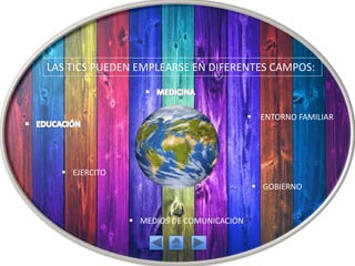 LAS TICS PUEDEN EMPLEARSE EN DIFERENTES CAMPOS:
 EJERCITO
 GOBIERNO
 ENTORNO FAMILIAR
 MEDIOS DE COMUNICACIÓN
 