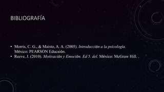 BIBLIOGRAFÍA
• Morris, C. G., & Maisto, A. A. (2005). Introducción a la psicología.
México: PEARSON Educaión.
• Reeve, J. (2010). Motivación y Emoción. Ed 5. del. México: McGraw Hill. .
 