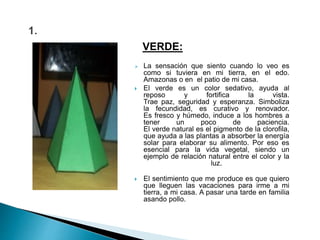 VERDE:
 La sensación que siento cuando lo veo es
como si tuviera en mi tierra, en el edo.
Amazonas o en el patio de mi casa.
 El verde es un color sedativo, ayuda al
reposo y fortifica la vista.
Trae paz, seguridad y esperanza. Simboliza
la fecundidad, es curativo y renovador.
Es fresco y húmedo, induce a los hombres a
tener un poco de paciencia.
El verde natural es el pigmento de la clorofila,
que ayuda a las plantas a absorber la energía
solar para elaborar su alimento. Por eso es
esencial para la vida vegetal, siendo un
ejemplo de relación natural entre el color y la
luz.
 El sentimiento que me produce es que quiero
que lleguen las vacaciones para irme a mi
tierra, a mi casa. A pasar una tarde en familia
asando pollo.
 