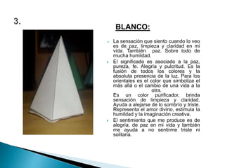 BLANCO:
 La sensación que siento cuando lo veo
es de paz, limpieza y claridad en mi
vida. También paz. Sobre todo de
mucha humildad.
 El significado es asociado a la paz,
pureza, fe. Alegría y pulcritud. Es la
fusión de todos los colores y la
absoluta presencia de la luz. Para los
orientales es el color que simboliza el
más allá o el cambio de una vida a la
otra.
Es un color purificador, brinda
sensación de limpieza y claridad.
Ayuda a alejarse de lo sombrío y triste.
Representa el amor divino, estimula la
humildad y la imaginación creativa.
 El sentimiento que me produce es de
alegría, de paz en mi vida y también
me ayuda a no sentirme triste ni
solitaria.
 
