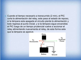  Cuando el tiempo necesario a transcurrido (2 min), el PIC
corta la alimentación del relay, este pasa al estado de reposo,
si la lámpara esta apagada el circuito pierde la alimentación y
todo regresa al punto inicial, y si la lámpara sigue encendida
el PIC luego de un tiempo prudencial vuelve a accionar el
relay alimentando nuevamente el relay, de esta forma asta
que la lámpara se apague.
 
