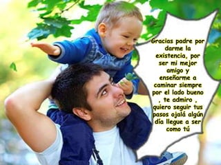 Gracias padre por
darme la
existencia, por
ser mi mejor
amigo y
enseñarme a
caminar siempre
por el lado bueno
, te admiro ,
quiero seguir tus
pasos ojalá algún
día llegue a ser
como tú
 