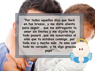 “Por todos aquellos días que lloré
en tus brazos, y me diste aliento
para seguir , que me entregaste tu
amor sin límites y me dijiste hijo
todo pasará ,que me susurrabas al
oído que tu estabas conmigo, por
todo eso y mucho más ,te amo con
todo mi corazón, y te digo gracias
papá”
 