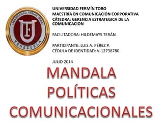 UNIVERSIDAD FERMÍN TORO
MAESTRÍA EN COMUNICACIÓN CORPORATIVA
CÁTEDRA: GERENCIA ESTRATEGICA DE LA
COMUNICACION
FACILITADORA: HILDEMAYS TERÁN
PARTICIPANTE: LUIS A. PÉREZ P.
CÉDULA DE IDENTIDAD: V-12738780
JULIO 2014
 