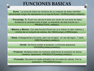 Suma: La suma de todos los números de un conjunto de datos (también
denominado rango) Se representa en la hoja de Excel: =SUMA(celda(s):celda(s)).
• Dividir: De forma similar al producto. La formula aparecerá
=DIVIDIR((celda(s)/celda(s)).
• Resta: Análogamente a la suma, pero con el signo - en vez del signo:. Y será:
=RESTA(celda(s)-celda(s)).
• Producto: Multiplica todos los números obteniendo el producto de dichos
números. Aparecerá: =PRODUCTO(celda(s);celda(s)).
• Porcentaje, %: Excel nos calcula el tanto por ciento de una serie de datos,
dividiendo la cantidad entre el total. La expresión de esta función es =
PRODUCTO(%; celda(s)).
• Máximo y Mínimo: Con esta función Excel nos va a indicar el valor máximo y
mínimo de un conjunto de valores. Así:=MAX(rango) y=MIN(rango).
FUNCIONES BASICAS
• Promedio: Devuelve la media aritmética de una serie de valores. Con la
expresión: =PROMEDIO(rango).
 