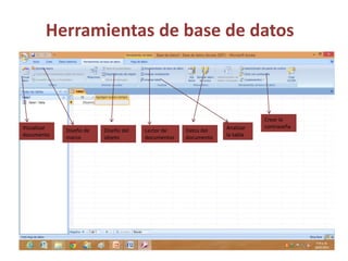 Herramientas de base de datos
Visualizar
documento
Diseño de
marco
Diseño del
objeto
Lector de
documentos
Datos del
documento
Analizar
la tabla
Crear la
contraseña
 