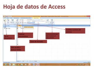 Hoja de datos de Access
Ver el
documento
Nos ayuda a
buscar textos
Insertar
documentos
Instrucciones que
nos muestra el
documento
Tipos de formato
Cambio nombre del
archivo
 