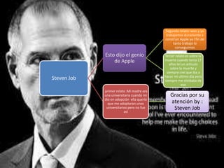 Steven Job
Esto dijo el genio
de Apple
Segundo relato: won y yo
trabajamos duramente e
construir Apple ya l fin de
tanto trabajo lo
conseguimos
Tercer relato es sobre la
muerte cuando tenia 17
años leí un articulo
sobre la muerte y
siempre creí que iba a
hacer mi ultimo día pero
siempre me olvidaba de
eso
primer relato :Mi madre era
una universitaria cuando mi
dio en adopción ella quería
que me adoptaran unos
universitarios pero no fue
así
Gracias por su
atención by :
Steven Job
 