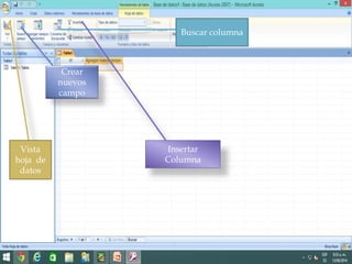 Vista
hoja de
datos
Crear
nuevos
campo
Buscar columna
Insertar
Columna
 