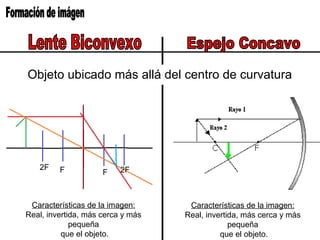 Objeto ubicado más allá del centro de curvatura
F2F 2FF
Características de la imagen:
Real, invertida, más cerca y más
pequeña
que el objeto.
Características de la imagen:
Real, invertida, más cerca y más
pequeña
que el objeto.
 