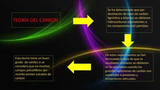 TEORÍA DEL CARBÓN 
Se ha determinado que por 
destilación de tipos de carbón 
ligníntico y bitamos se obtienen 
hidrocarburos equivalentes a 
los componentes del petróleo. 
Esta teoría tiene un buen 
grado de validez si se 
considera que en muchos 
campos petrolíferos del 
mundo existen estratos de 
carbon 
De estos experimentos se han 
formulado la idea de que se 
resultados similares se obtienen 
en la naturaleza cuando los 
grandes volúmenes de carbón son 
sometidos a presiones y 
temperaturas adecuadas. 
 