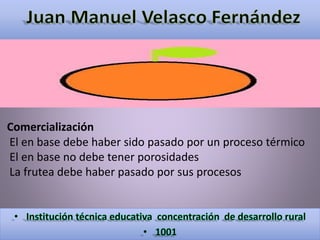 Comercialización 
El en base debe haber sido pasado por un proceso térmico 
El en base no debe tener porosidades 
La frutea debe haber pasado por sus procesos 
