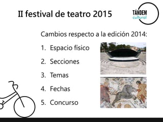 II festival de teatro 2015 
Cambios respecto a la edición 2014: 
1. Espacio físico 
2. Secciones 
3. Temas 
4. Fechas 
5. Concurso 
 