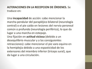 ALTERACIONES EN LA RECEPCION DE ÓRDENES. Se 
traduce en: 
Una incapacidad de acción: cabe mencionar la 
marcha pendular del parapléjico bilateral (neurología 
central) o el pie caído en lesiones del nervio peroneal 
común o profundo (neurología periférica), lo que da 
lugar a una marcha en estepaje. 
Una fijación en actitud viciosa (debido a un 
desequilibrio muscular y a las consiguientes 
retracciones): cabe mencionar el pie varo equino en 
la hemiplejia debido a una espasticidad de los 
extensores del miembro inferior (tríceps sural), que 
da lugar a una circulación. 
 