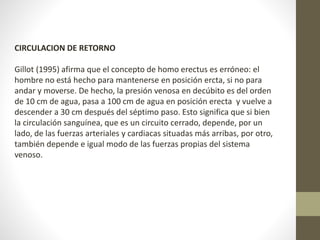 CIRCULACION DE RETORNO 
Gillot (1995) afirma que el concepto de homo erectus es erróneo: el 
hombre no está hecho para mantenerse en posición ercta, si no para 
andar y moverse. De hecho, la presión venosa en decúbito es del orden 
de 10 cm de agua, pasa a 100 cm de agua en posición erecta y vuelve a 
descender a 30 cm después del séptimo paso. Esto significa que si bien 
la circulación sanguínea, que es un circuito cerrado, depende, por un 
lado, de las fuerzas arteriales y cardiacas situadas más arribas, por otro, 
también depende e igual modo de las fuerzas propias del sistema 
venoso. 
 