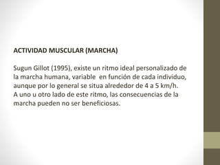 ACTIVIDAD MUSCULAR (MARCHA) 
Sugun Gillot (1995), existe un ritmo ideal personalizado de 
la marcha humana, variable en función de cada individuo, 
aunque por lo general se situa alrededor de 4 a 5 km/h. 
A uno u otro lado de este ritmo, las consecuencias de la 
marcha pueden no ser beneficiosas. 
 