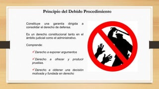 Principio del Debido Procedimiento 
Constituye una garantía dirigida a 
consolidar el derecho de defensa. 
Es un derecho constitucional tanto en el 
ámbito judicial como el administrativo. 
Comprende: 
Derecho a exponer argumentos 
Derecho a ofrecer y producir 
pruebas. 
Derecho a obtener una decisión 
motivada y fundada en derecho 
 
