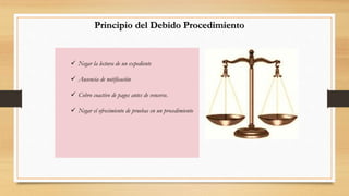 Principio del Debido Procedimiento 
 Negar la lectura de un expediente 
 Ausencia de notificación 
 Cobro coactivo de pagos antes de vencerse. 
 Negar el ofrecimiento de pruebas en un procedimiento 
 
