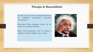 Principio de Razonabilidad 
Se debe tener en cuenta en aquellas decisiones 
de establezcan gravámenes (sanciones, 
restricciones). 
Decisiones deben adoptarse dentro de los 
límites de la facultad atribuida. 
Debe existir proporción entre los medios a 
emplear y los fines públicos que se tutela. 
 