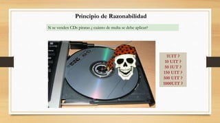 Si se venden CDs piratas ¿ cuánto de multa se debe aplicar? 
1UIT ? 
10 UIT ? 
50 IUT ? 
150 UIT ? 
500 UIT ? 
1000UIT ? 
Principio de Razonabilidad 
 