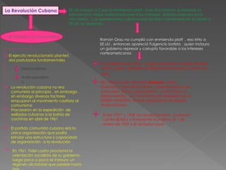 La Revolución Cubana EE.UU impuso a Cuba la enmienda platt ; este documento autorizaba la 
intervención militar norteamericana si los intereses estadounidenses eran 
afectados . L os gobernantes cubanos solo podían mantenerse en el poder si 
EE.UU lo aprobara. 
Ramón Grau no cumplió con enmienda platt , eso irrito a 
EE.UU , entonces apareció Fulgencio batista , quien instauro 
un gobierno represor y corrupto favorable a los intereses 
norteamericanos 
En la década de 1950 , surgió la posición armada de Fidel 
castro; quien capitalizo la indignación popular y triunfo en 
1959. 
EN 1956 a bordo del yate Granma, castro, 
Guevara y otros 80 hombres , desembarcaron en 
cuba pero fueron descubiertos , y solo hubo 12 
sobrevivientes , los 12 hombres se refugiaron en la 
SIERRA MAESTRA donde organizaron el ejercito 
revolucionario 
Entre 1957 y 1959 los revolucionarios , lucharon 
contra Batista y finalmente triunfaron. El 1 de 
enero de 1959 y el dictador cayo 
El tránsito al comunismo 
El ejercito revolucionario planteó 
dos postulados fundamentales 
Nacionalismo 
Antiimperialism 
o 
La revolución cubana no era 
comunista al principio , sin embargo , 
sin embargo diversos factores 
empujaron al movimiento castrista al 
comunismo 
Fracasaron en la expedición de 
exiliados cubanos a la bahía de 
cochinos en abril de 1961 
El partido comunista cubano era la 
única organización que podía 
brindar una estructura y capacidad 
de organización a la revolución 
En 1961, Fidel castro proclamó la 
orientación socialista de su gobierno , 
luego poco a poco se instauro un 
régimen dictatorial que persiste hasta 
hoy 
