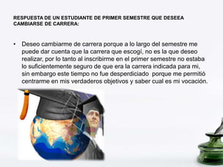 RESPUESTA DE UN ESTUDIANTE DE PRIMER SEMESTRE QUE DESEEA 
CAMBIARSE DE CARRERA: 
• Deseo cambiarme de carrera porque a lo largo del semestre me 
puede dar cuenta que la carrera que escogí, no es la que deseo 
realizar, por lo tanto al inscribirme en el primer semestre no estaba 
lo suficientemente seguro de que era la carrera indicada para mi, 
sin embargo este tiempo no fue desperdiciado porque me permitió 
centrarme en mis verdaderos objetivos y saber cual es mi vocación. 
 
